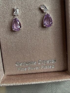 Sterling Silver-Plated Purple Teardrop Crystal Drop Earrings